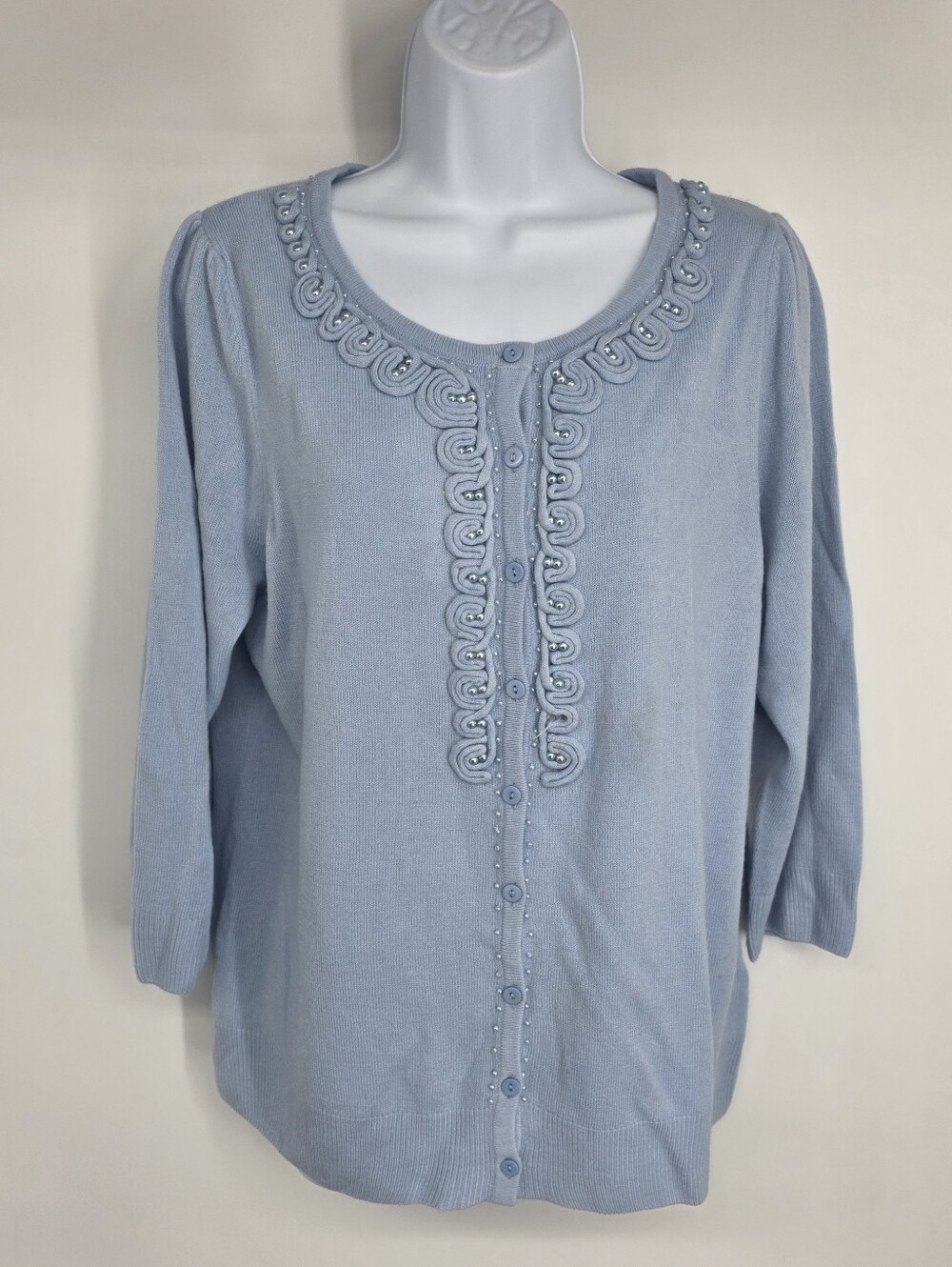 Debbie Morgan Cardigan Sweater M Blue Embellished Beaded NWT 3/4 Sleeve Crew